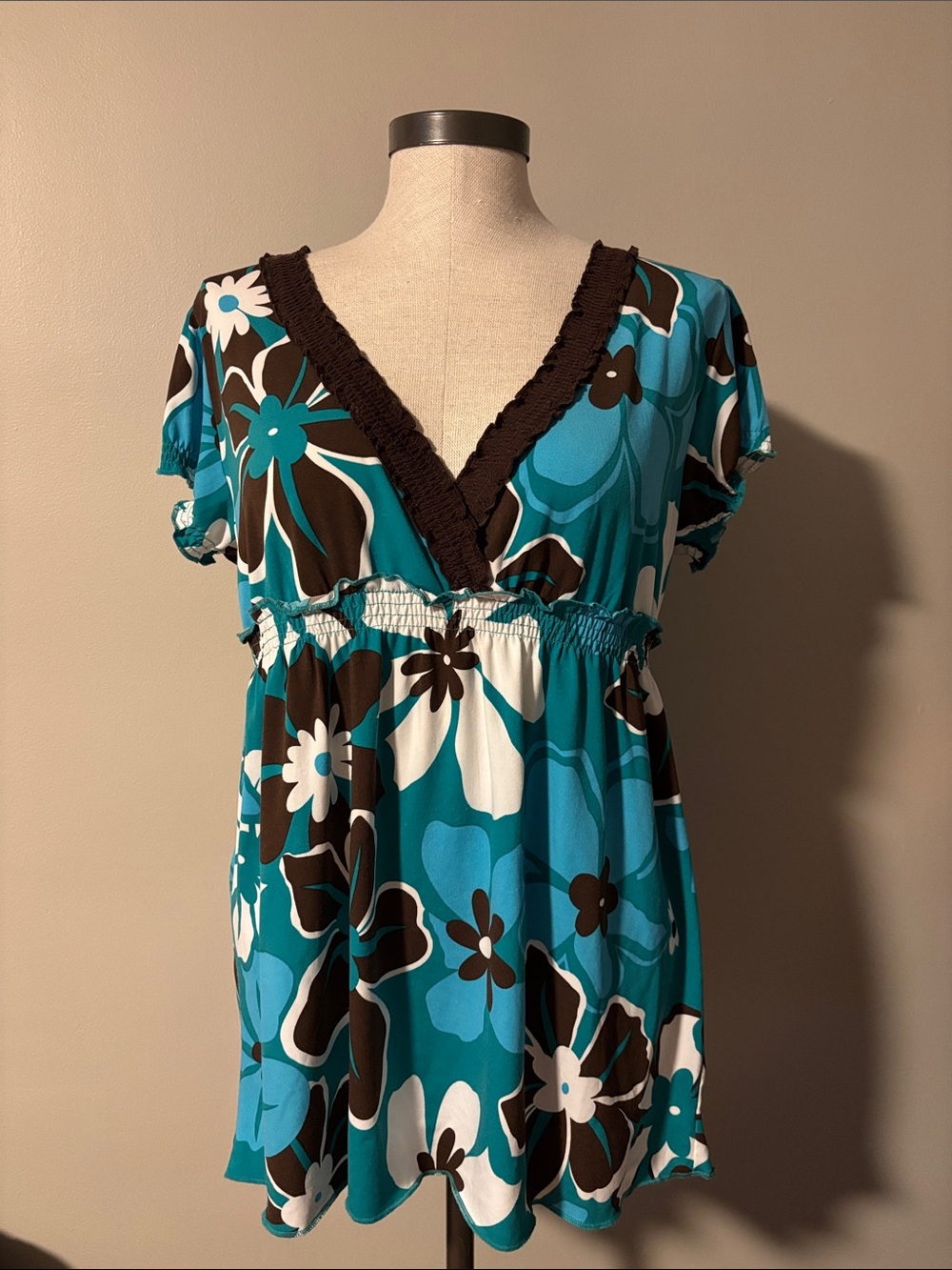 Women's Teal Floral V-Neck Tunic Top